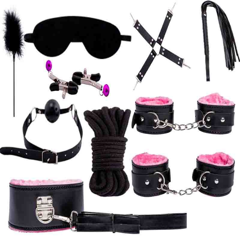 SM Fun Ten Piece Set with Adjustable Binding and Binding Double Color Fun Eye Mask, Leather Whip, Mouth Insert Clip, Bell, Leather Ribbon Set:圖片 2