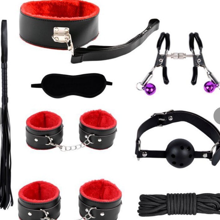 SM Fun Ten Piece Set with Adjustable Binding and Binding Double Color Fun Eye Mask, Leather Whip, Mouth Insert Clip, Bell, Leather Ribbon Set:圖片 4